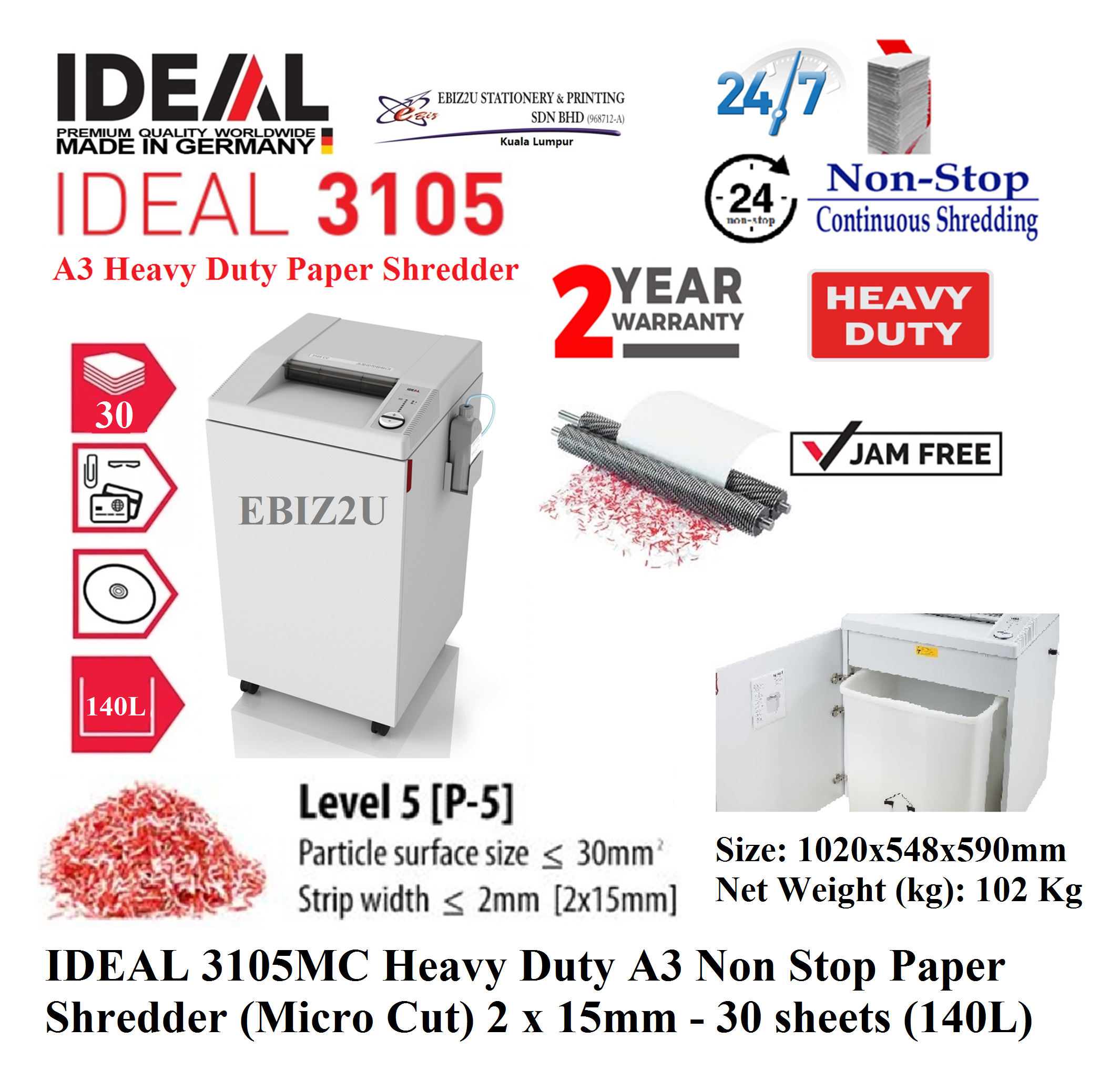 IDEAL 3105 MC Heavy Duty Paper Shredder (Micro Cut) - 30 sheets (180L) (Non Stop Paper Shredder, Shredder Machine, Office Shredder, Mesin Penghancur Kertas, Heavy Duty Shredder, Heavy Duty Paper Shredder)