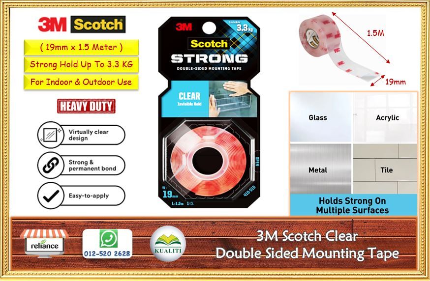 3M Scotch Double Sided Clear Tape ( 19mm x 1.5M ) / Transparent Mounting Tape / Acrylic Foam Tape / Self Adhesive Clear Tape # Heavy Duty # Tahan Beban - 3.3 KG # RP0707 ( KTT : 1 Gulung )