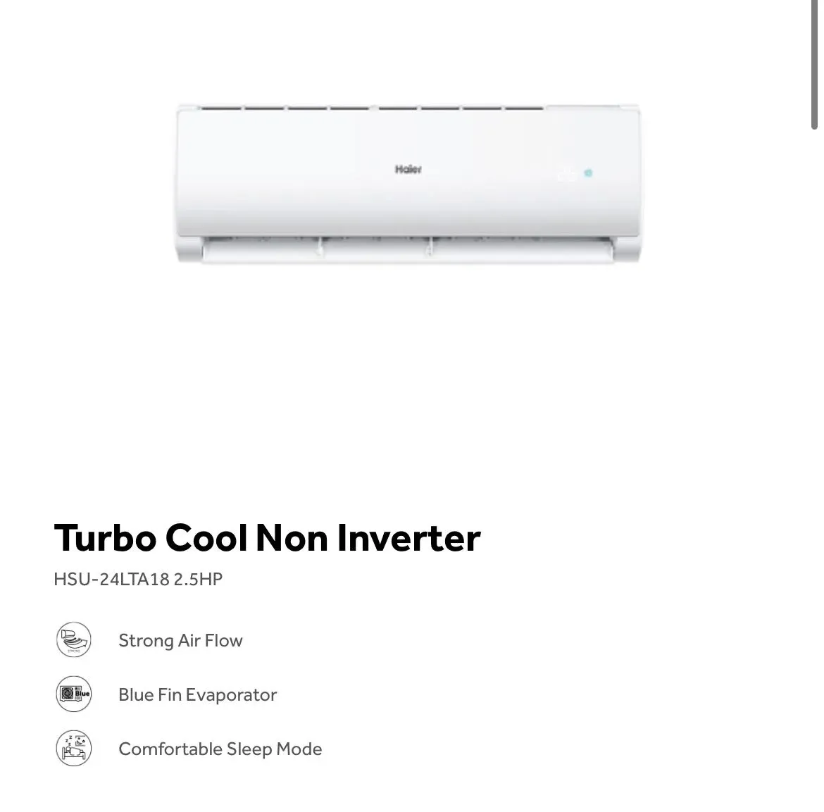 Haier Air Conditioners Turbo Cool Non Inverter HSU-24LFA 2.5HP (Used R32 Gas)