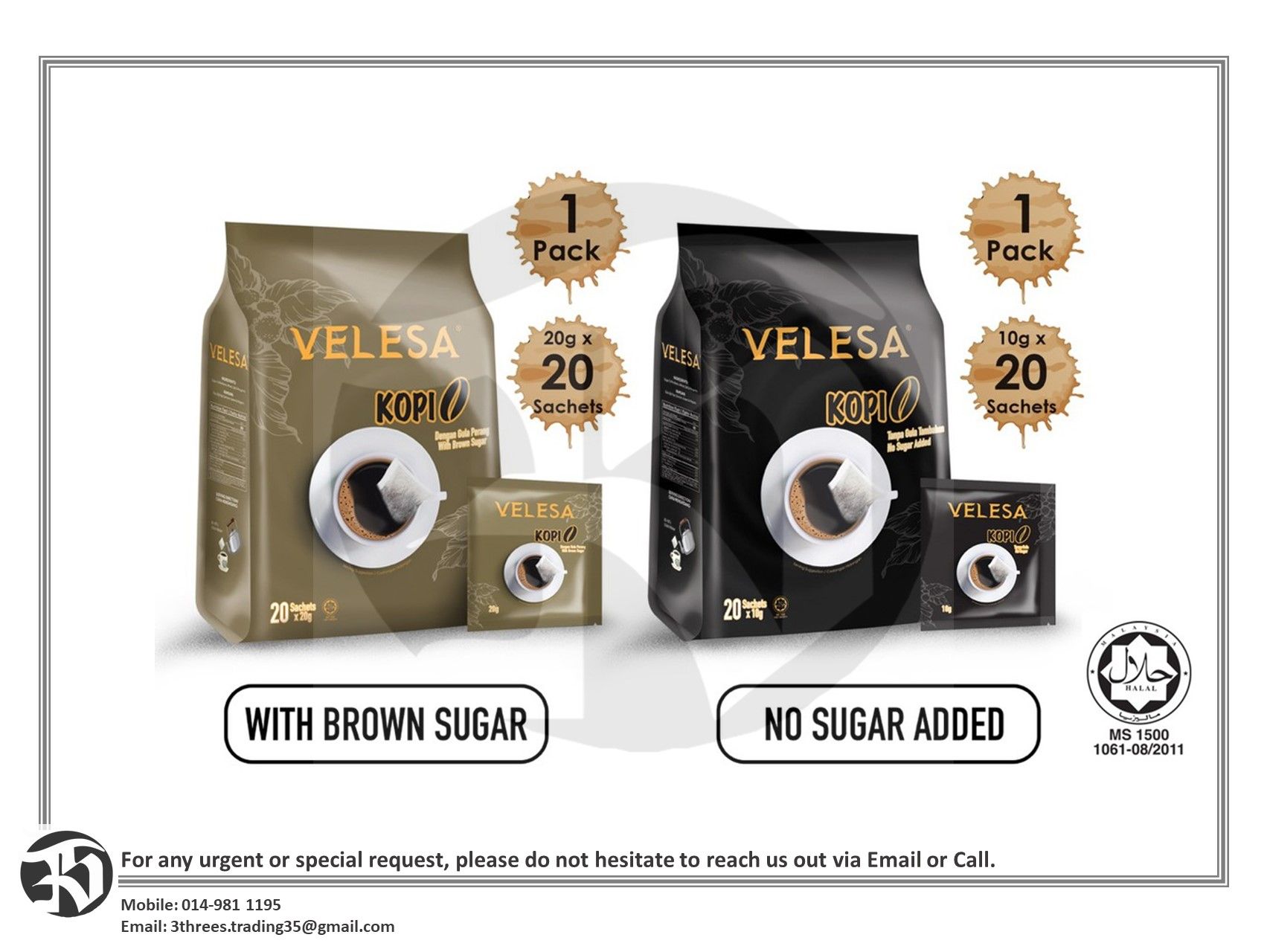 Velesa Kopi O Kosong/Kopi O Brown Sugar Roasted Coffee (10g/20g x 20 sachets)