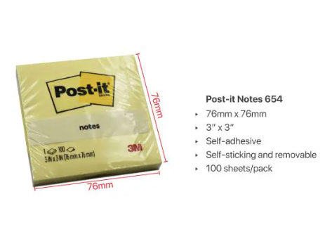 3M POST-IT NOTE YELLOW 654 - 3" X 3"