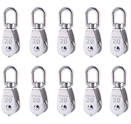 10PCS 304 STAINLESS STEEL M20 SINGLE PULLEY BLOCK, WIRE ROPE HANGING WIRE TOWING WHEEL, WITH 10PCS SPRING SNAP HOOK