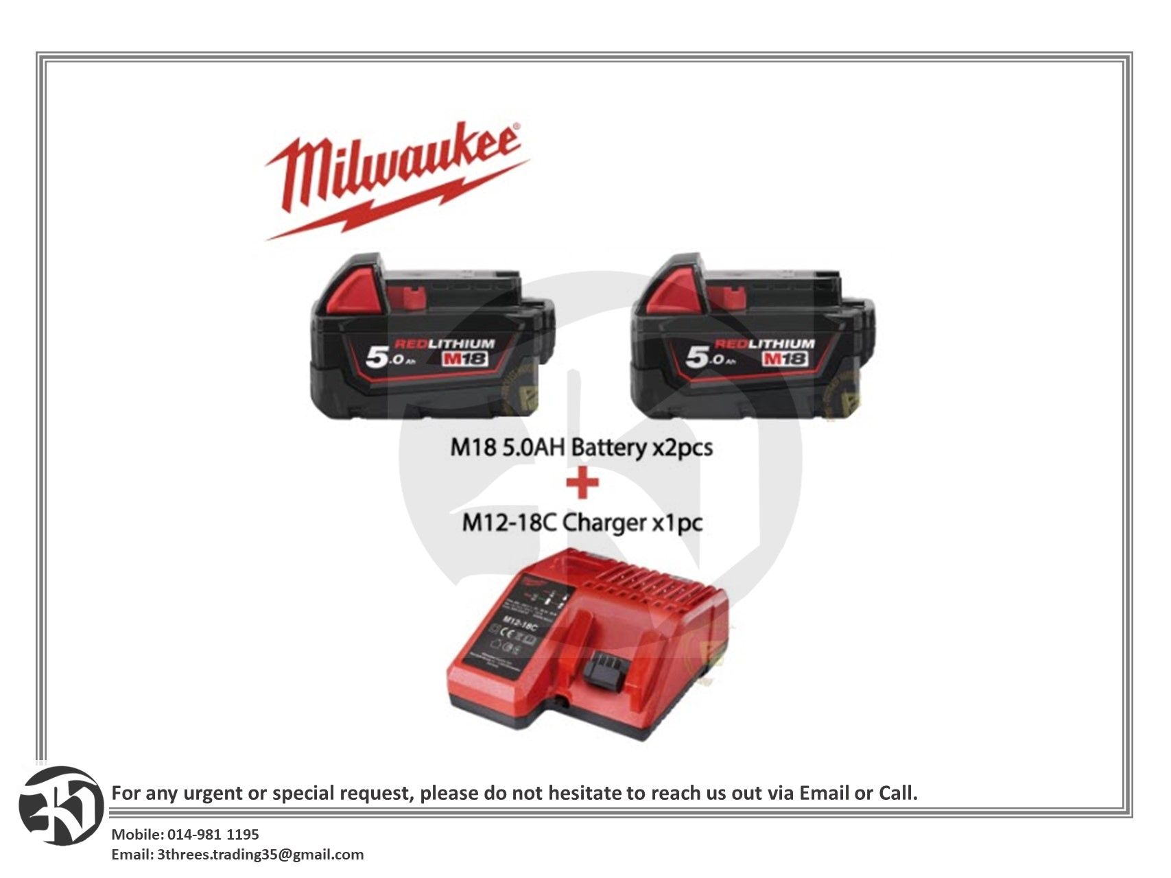 Milwaukee M18 5.0Ah Red Lithium Ion Battery & M12-18FC Rapid Charger