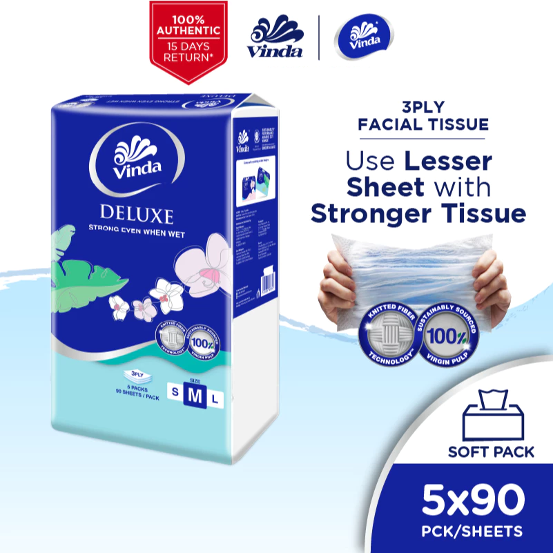 Vinda Deluxe Soft Pack Facial Tissue Medium 3-ply (5x90s)