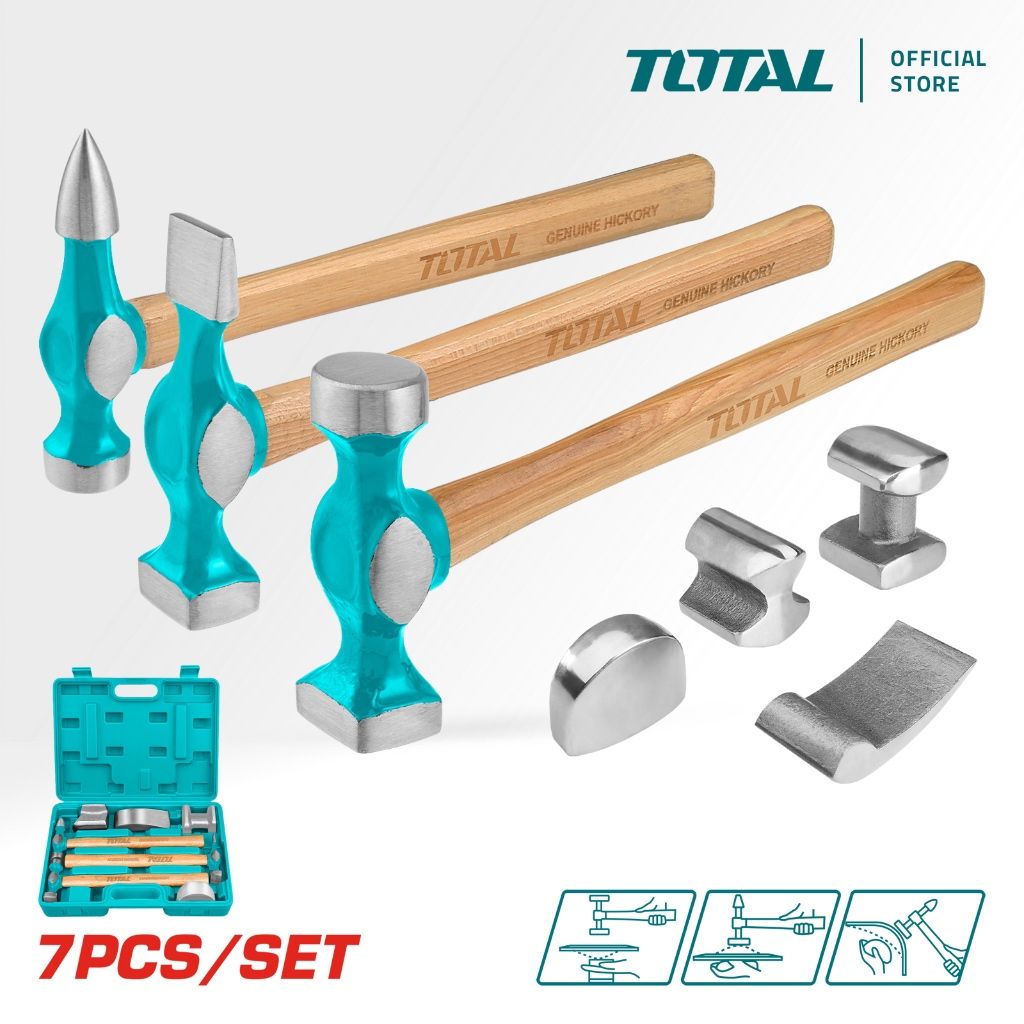 TOTAL BODY & FENDER HAMMER SET (7 PCS) WITH CHISEL + PICK + BUMPING + SHRINKING DOLLY + HEEL + HICKORY HANDLE TBAFO712