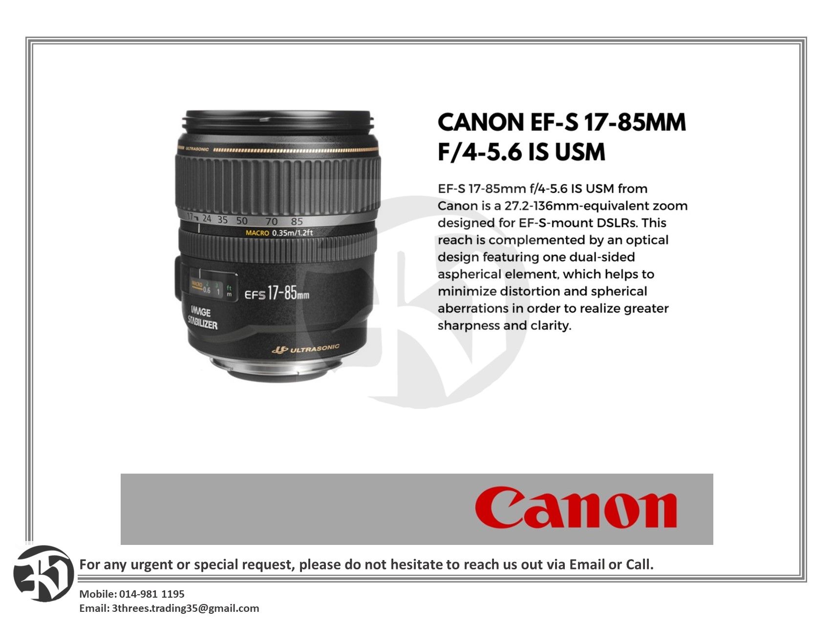 Canon EF-S 17-85mm f/4-5.6 IS USM Lens