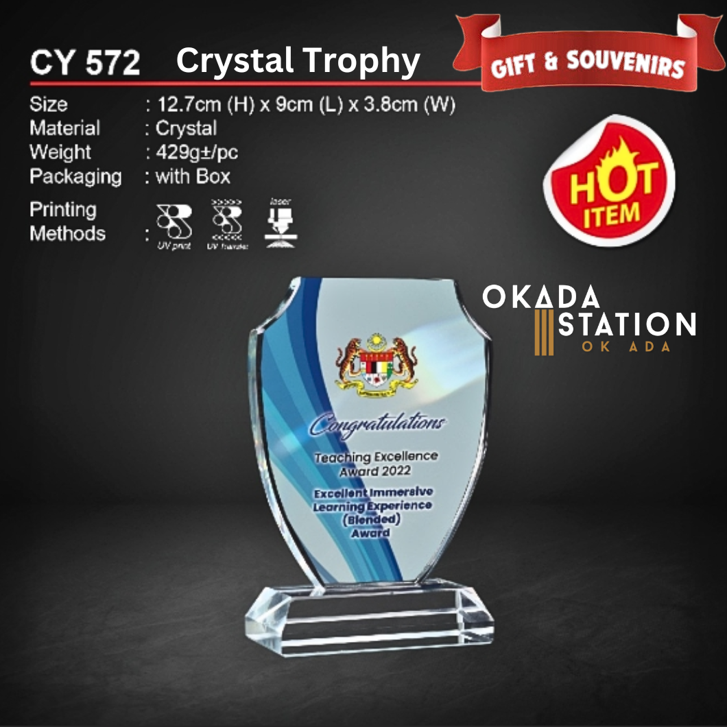 GIFT & SOUVENIRS : CY 572 CRYSTAL TROPHY WITH PRINTING / CRYSTAL AWARD / AWARD TROPHY / CRYSTAL / TROPHY / AWARD / CY 572 / 429g