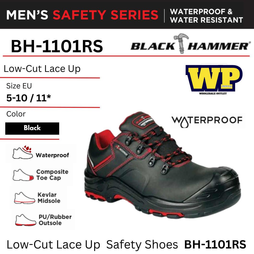BLACK HAMMER MEN'S SAFETY SERIES LOW-CUT LACE UP WATERPROOF SAFETY SHOES - (BH-1101RS) / BLACK HAMMER / BLACK SAFE / LOW-CUT LACE UP / SAFETY SHOES / SAFETY BOOTS / FOOT PROTECT / WATERPROOF / KALIS AIR / KASUT KILANG / KASUT KESELAMATAN / BH-1101RS