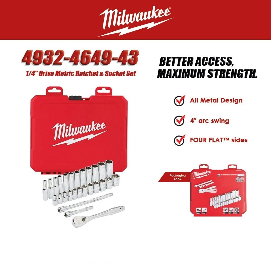 MILWAUKEE 28PCS 1/4'' Drive Ratchet and Metric Socket 4932-4649-43