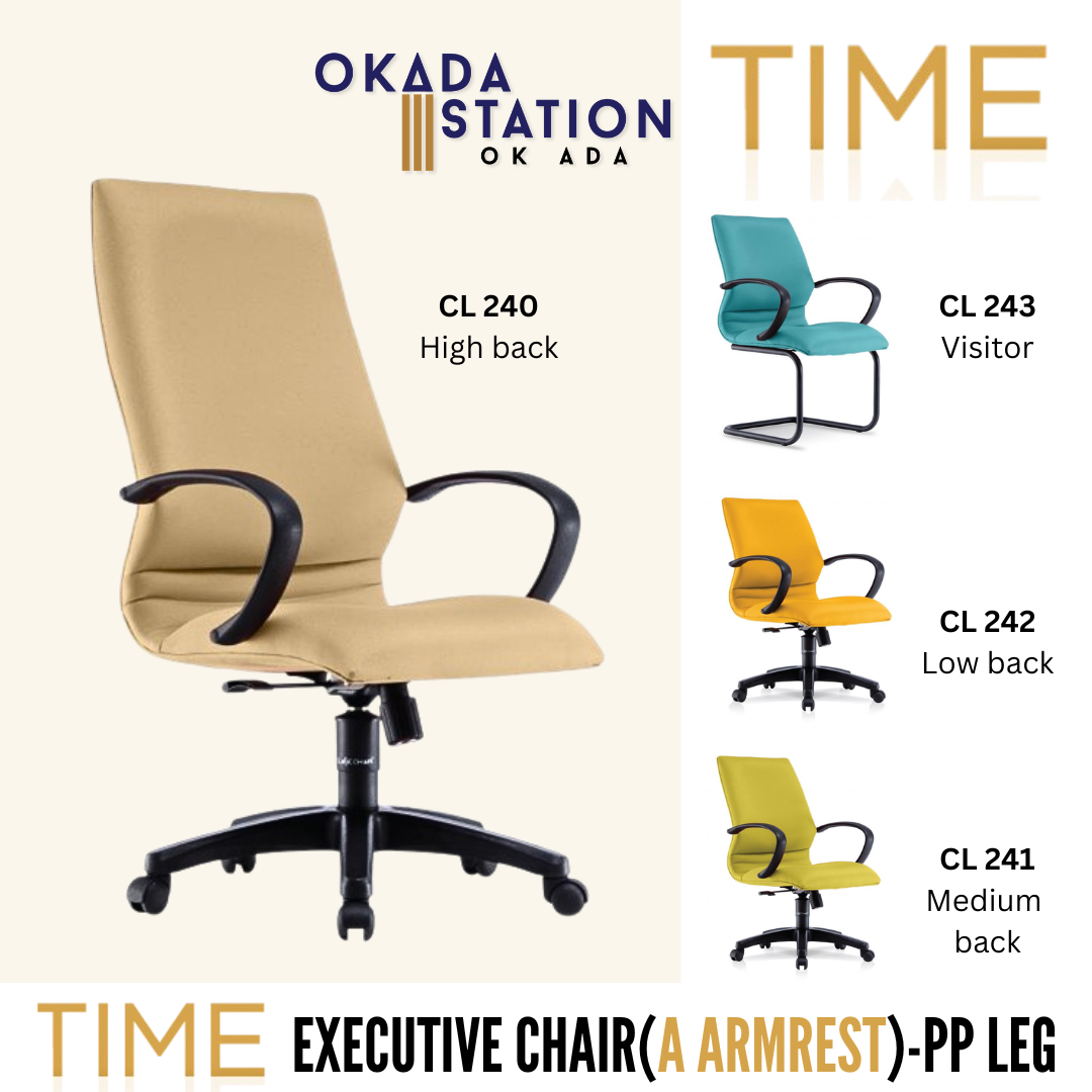 TIME ERGONOMIC OFFICE CHAIR (ARMREST A) - ALL SIZE / EXECUTIVE SERIES / OFFICE CONFERENCE CHAIR / OFFICE SWIVEL CHAIR / ERGONOMIC CHAIR / EXECUTIVE CHAIR / DIRECTOR CHAIR / CEO CHAIR / OFFICE CHAIR / PP BASE / FABRIC / PU LEATHER / TIME