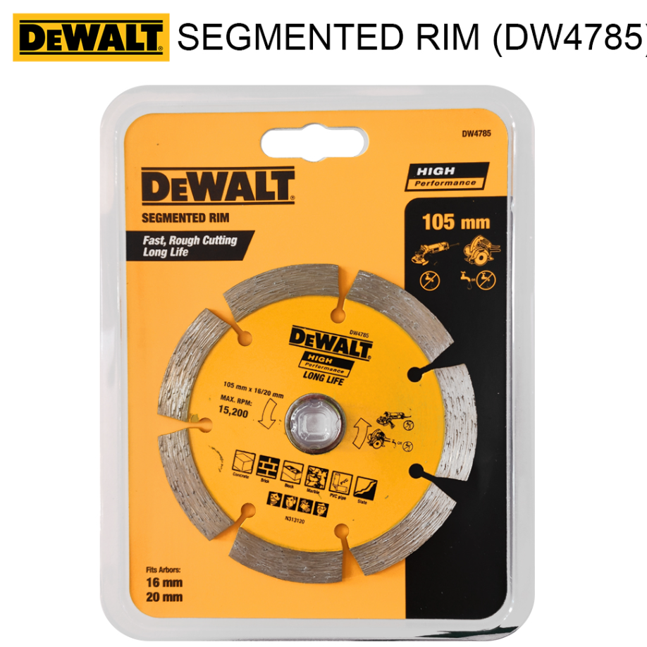 DEWALT GRINDER CUTTING WHEEL – DIAMOND BLADE SEGMENTED RIM (DW4785) (105 X 2 X 16/20MM)