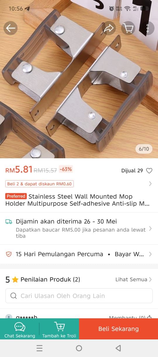 Stainless Stell Wall Mounted Mop Holder Multipurpose Self Adhesive 