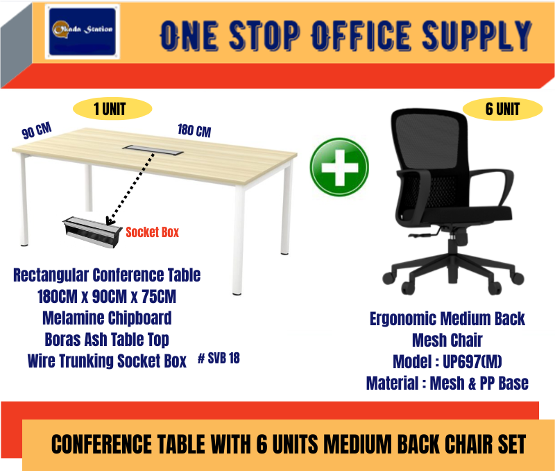 OK Meeting Table With 6 Units Medium Back Mesh Chair Set / Meja Mesyuarat / Office Table / UP697(M) Medium Back Mesh Chair / Rectangular ConferenceTable SL55 Series / SVB 18