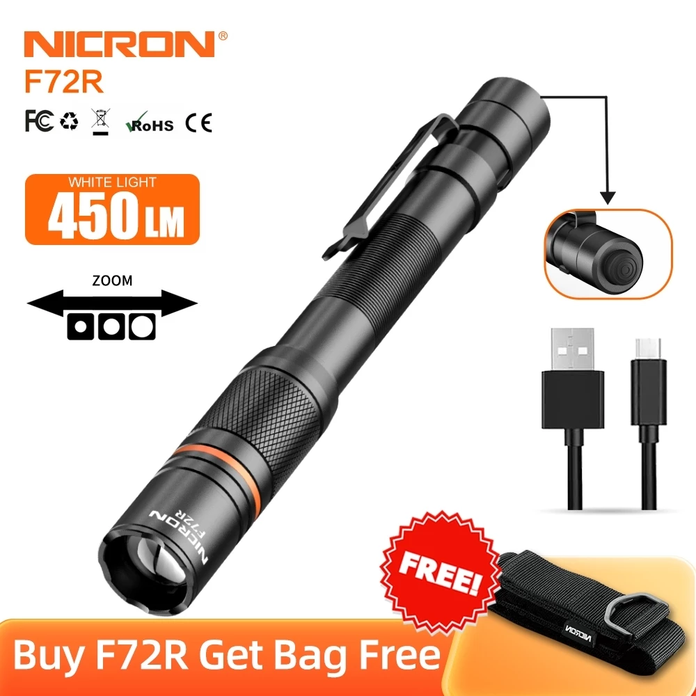 NICRON F72R 450LM Type-C Rechargeable Penlight EDC Pen Flashlight With Clip Zoomable Torch Light