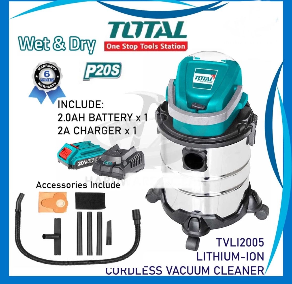 Total Cordless Vacuum Cleaner Battery Wireless Vacuum Portable Vacuum Wet And Dry Vacuum Cleaner TVLI2005E (2.0Ah Battery Pack/2 unit+ Charger/1 unit)