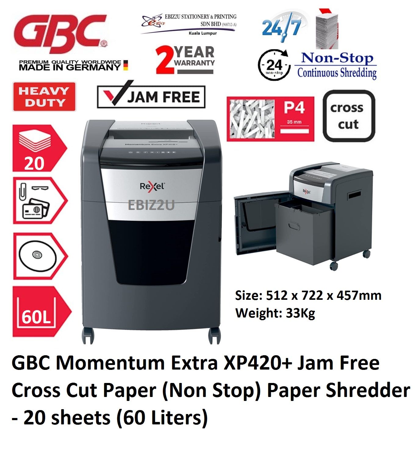 GBC Momentum Extra XP420+ Jam Free Cross Cut Paper (Non Stop) Paper Shredder Cross Cut - 20 sheets (60 Liters) (Non Stop Paper Shredder, Shredder Machine, A4 Paper Shredder, Office Shredder, Mesin Penghancur Kertas, Heavy Duty Shredder, Heavy D