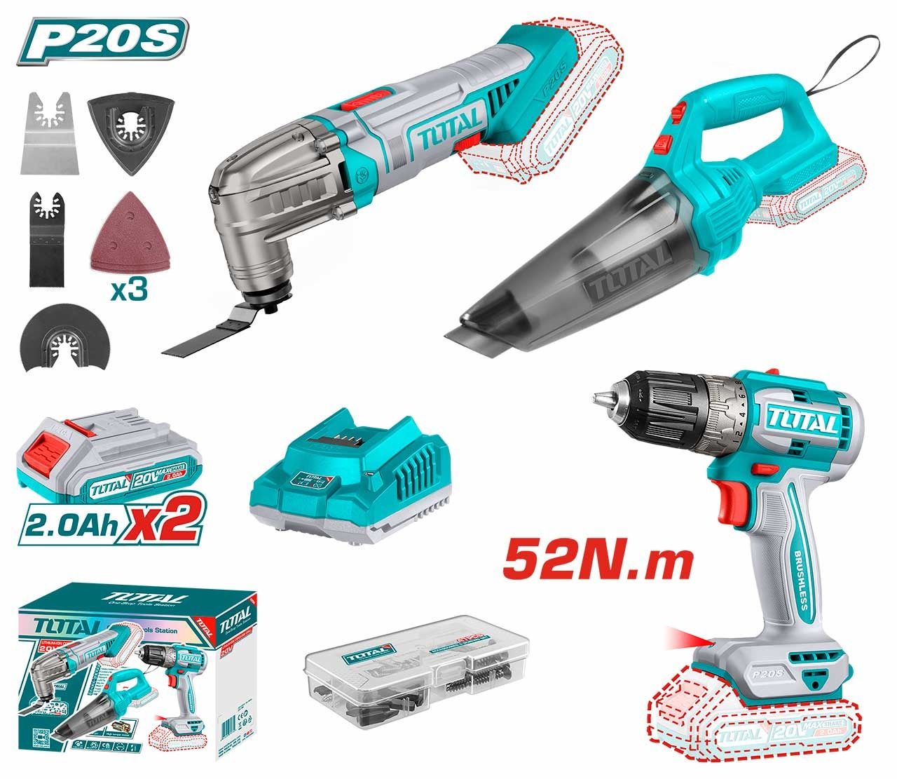 Total 3 pcs Combo Multi Tools Cordless Drill Vacuum Cleaner TOSLI240685