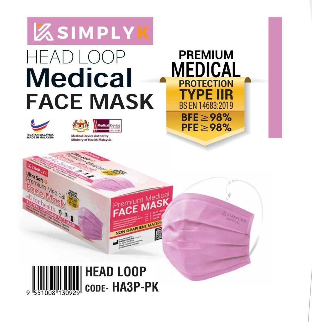 SimplyK Face Mask 3ply Medical Headloop (Pink) - Penghantaran Seluruh Malaysia
