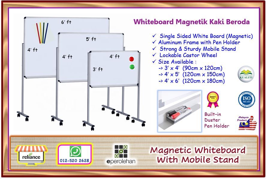 Magnetic Whiteboard With Mobile Stand / White Board with Stand / Whiteboard Magnetik Dengan Kaki Beroda / Papan Tulis Mudah Alih # Single Sided # Aluminum Frame # Built-in Duster & Pen Holder # Buantan Malaysia # RS2263 (KTT : 1 Unit)