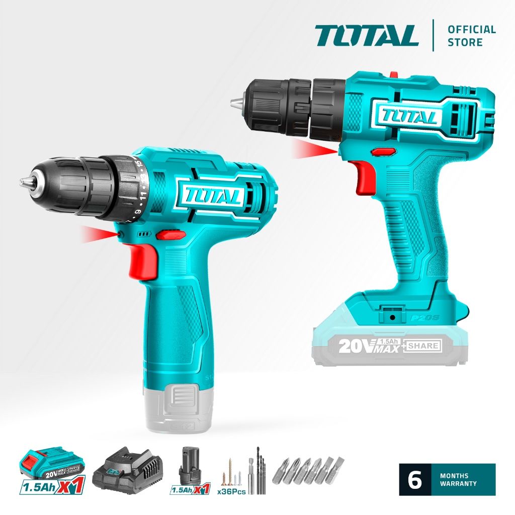 TOTAL LI-ION CORDLESS COMBO KIT WITH IMPACT DRILL (2 PCS/12V + 20V) + BATTERY + ACCESSORIES (47 PCS) S12 P20S TCKLI20122