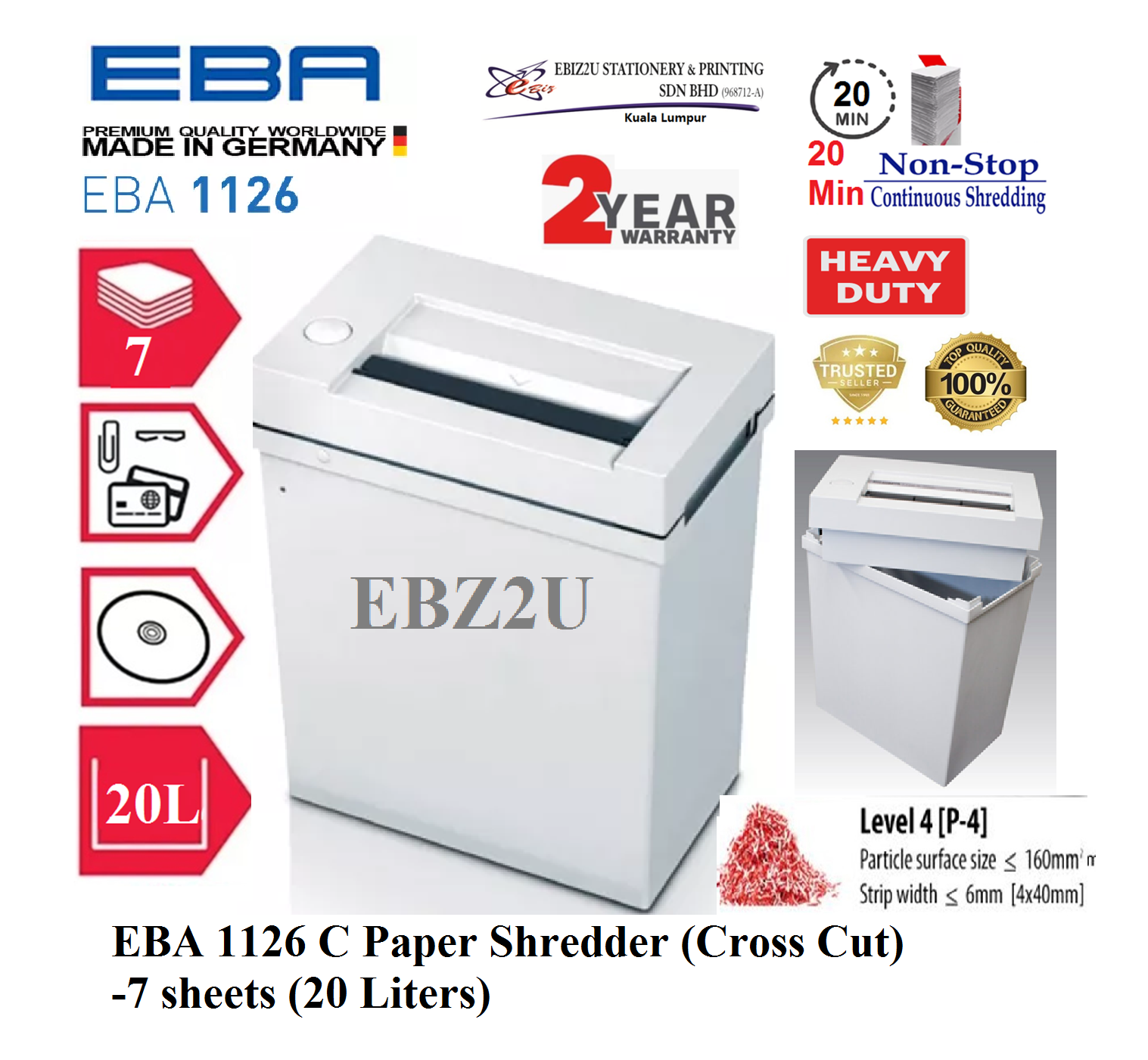 EBA 1126 C Paper Shredder (Cross Cut) 20 mins non stop -7 sheets (20 Liters) 1126C (Cross Cut, Paper Shredder, Shredder Machine, Office Shredder, Heavy Duty Shredder, Mesin Penghancur Kertas)