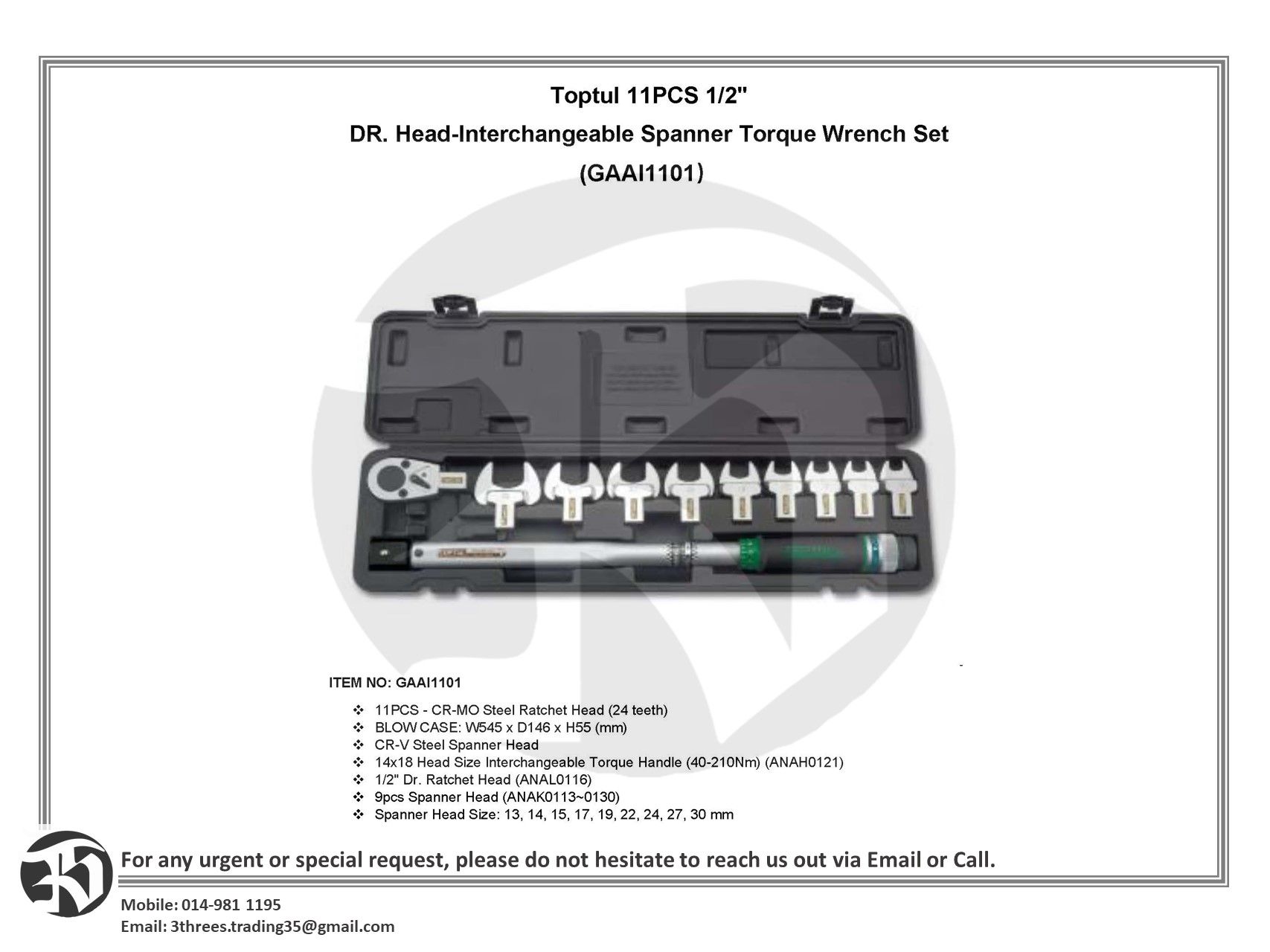 Toptul 11PCS 1/2" DR. Head-Interchangeable Spanner Torque Wrench Set