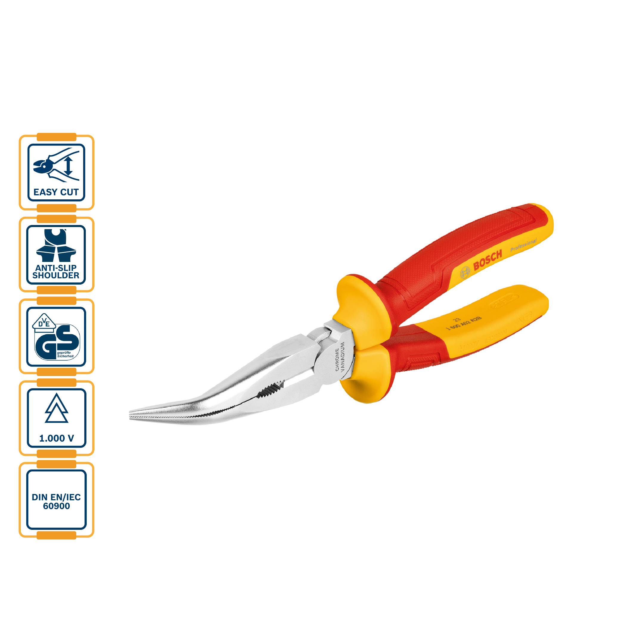 BOSCH Insulated (VDE) Long Nose Plier Bent 40掳 200mm (8") - 1600A02NE4