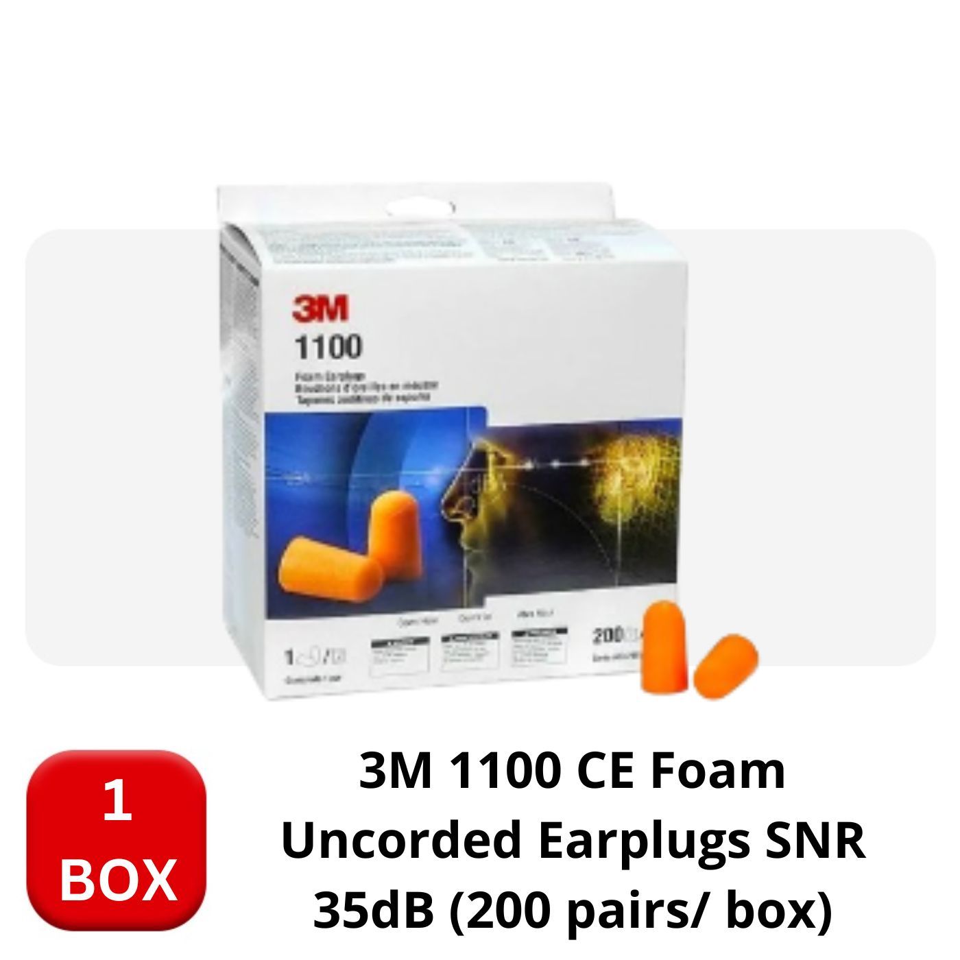 3M 1100 UNCORDED EARPLUG, 200 PAIRS/BOX, CE VERSION