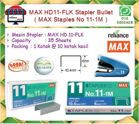 MAX HD-11FLK Staples No 11-1M / MAX Bullet No. 11-1M / Dawai Kokot # RS1323 ( KTT : 1 Kotak Besar @ 10 Kotak Kecil )