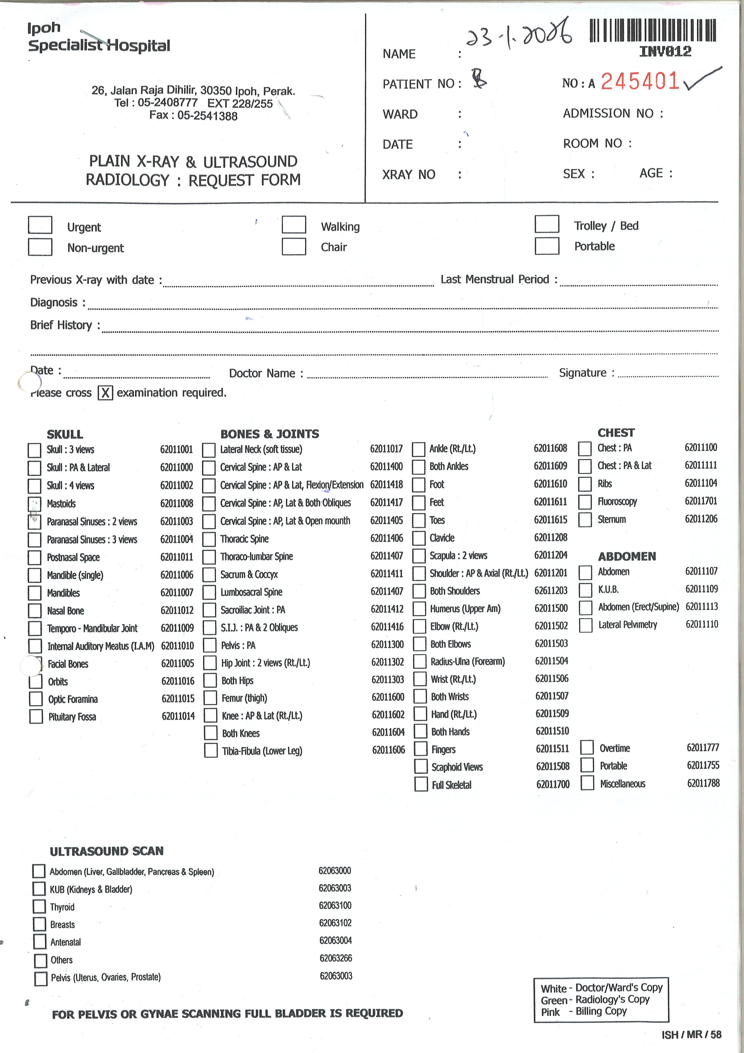 PLAIN X-RAY & ULTRASOUND RADIOLOGY : REQUEST FORM