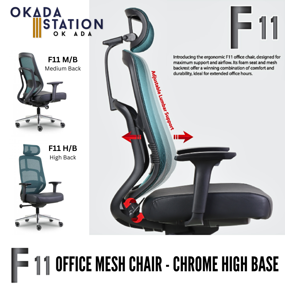 F11 ERGONOMIC OFFICE MESH CHAIR - ALL SIZE / MESH SERIES / OFFICE CONFERENCE CHAIR / OFFICE SWIVEL CHAIR / EXECUTIVE CHAIR / DIRECTOR CHAIR / MESH CHAIR / OFFICE CHAIR / CHROME METAL HIGH BASE / FABRIC / PU LEATHER / F11