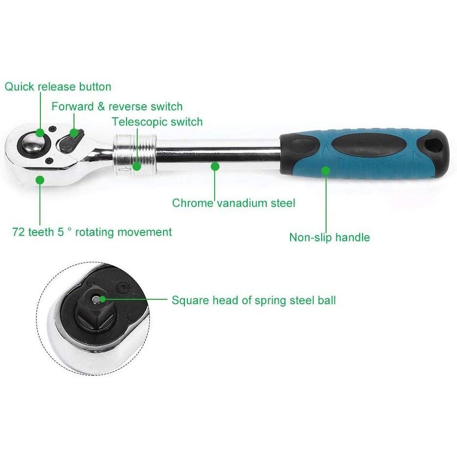 Ocha 1/2" Drive 72 Tooth Extending Ratchet Wrench Handle