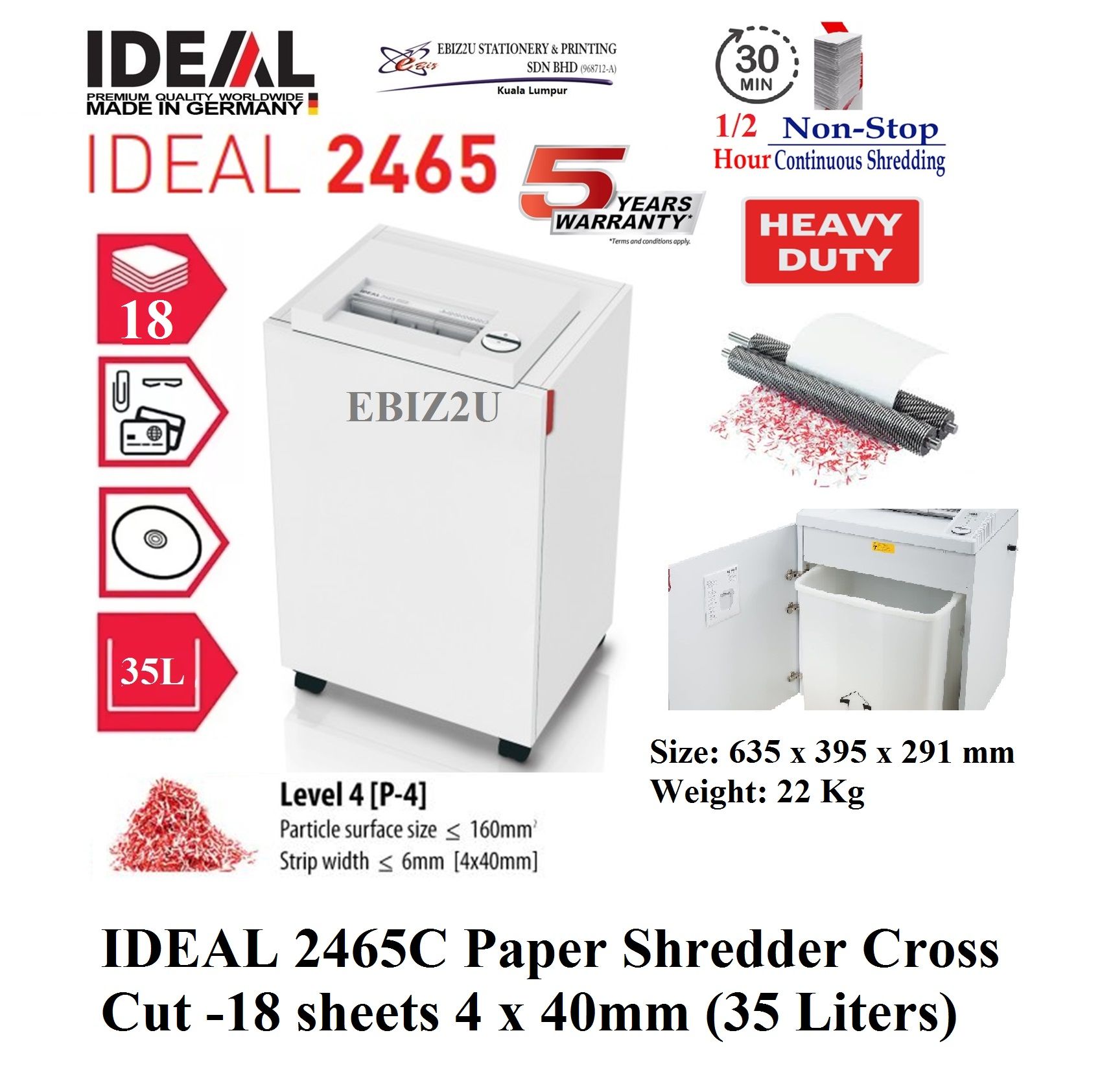 IDEAL 2465 C Paper Shredder Cross Cut -18 sheets 4 x 40mm (35 Liters) (30 mins non stop, Cross Cut, Paper Shredder, Shredder Machine, Office Shredder, Heavy Duty Shredder, Mesin Penghancur Kertas)