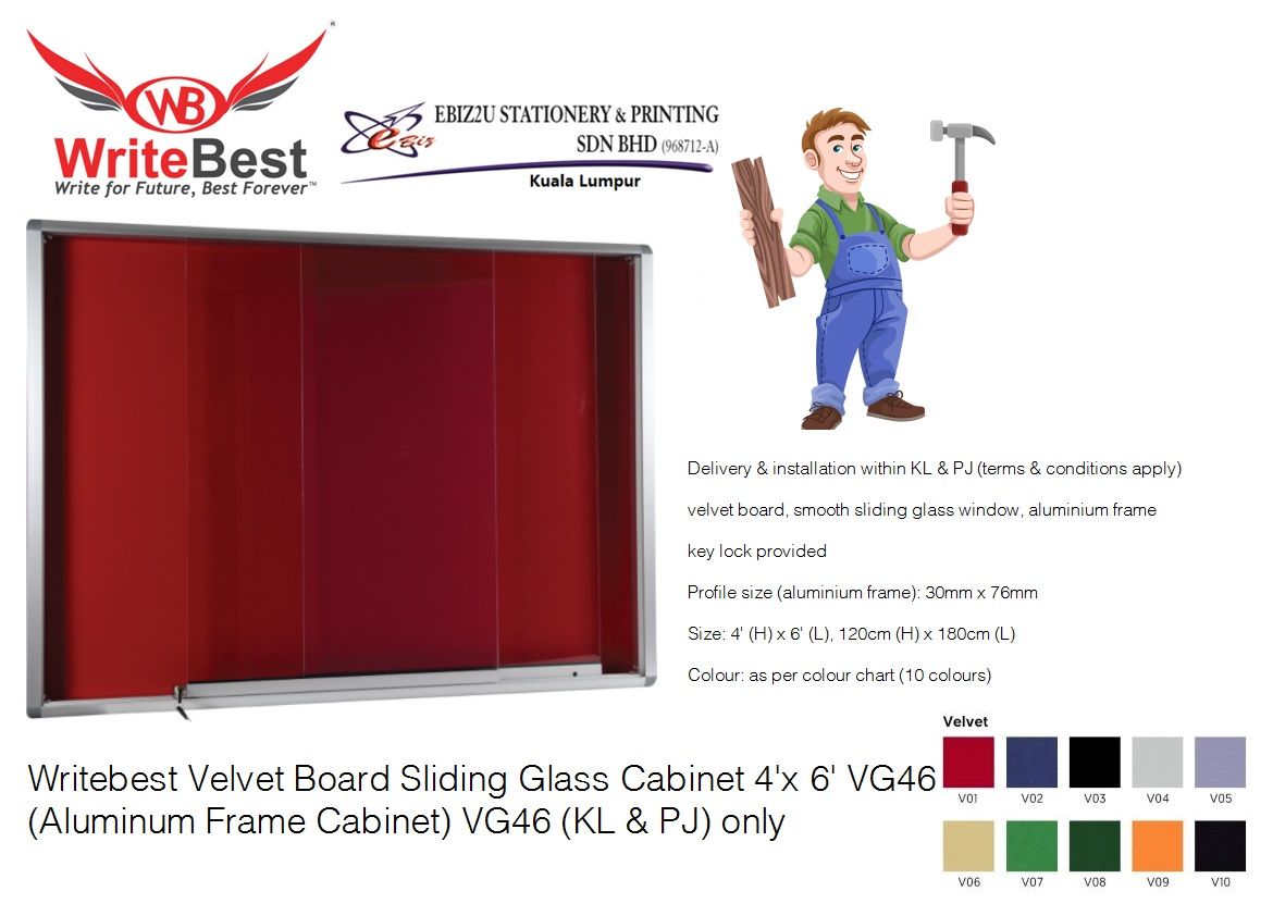 Writebest Velvet Board Sliding Glass Cabinet 4'x 6' VG46 (Aluminum Frame Cabinet) VG46 (KL & PJ) only