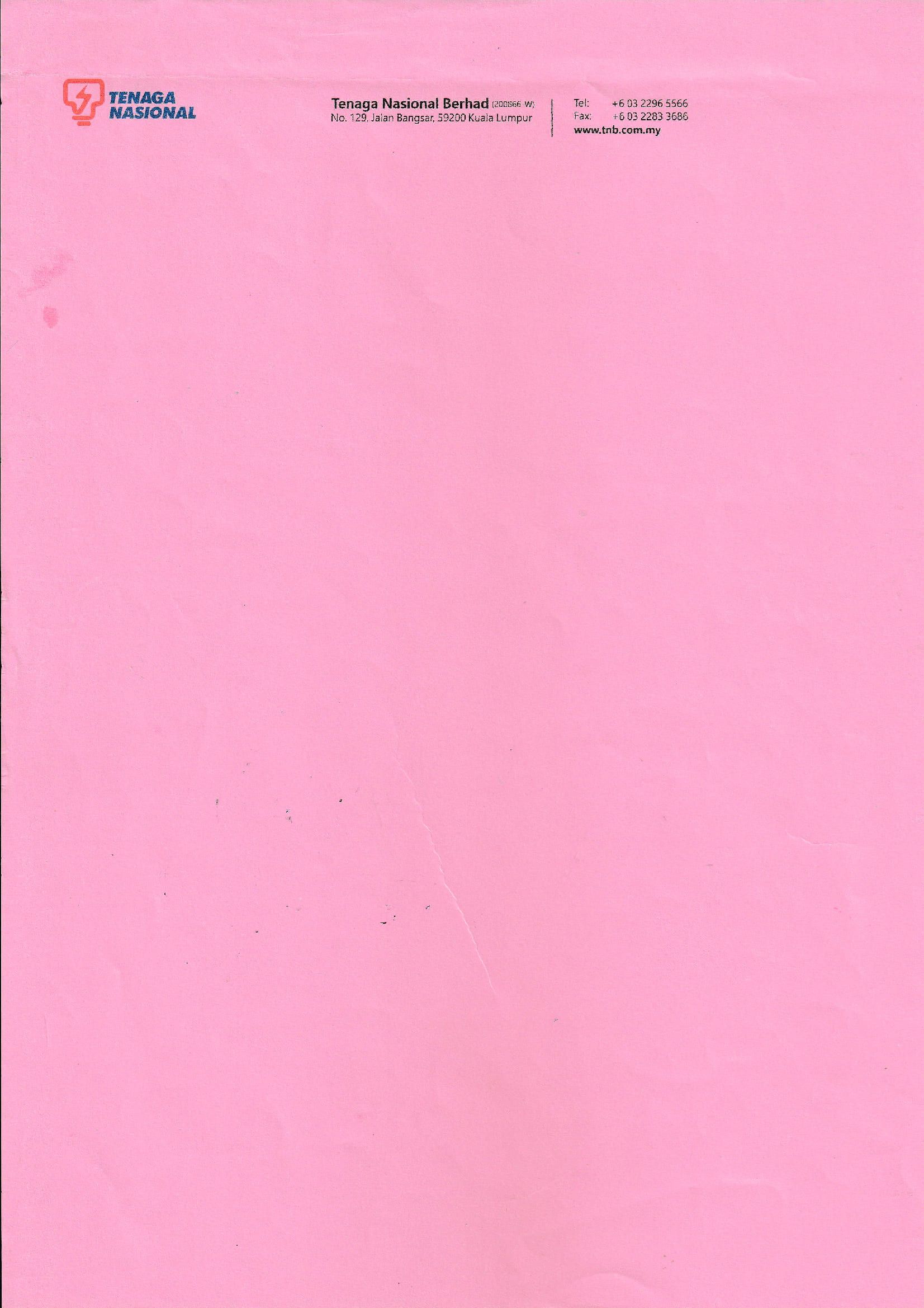 TNB LETTERHEAD PEMOTONGAN 80GSM _ PER REAM 500SHEETS / PINK COLOUR (1REAM)