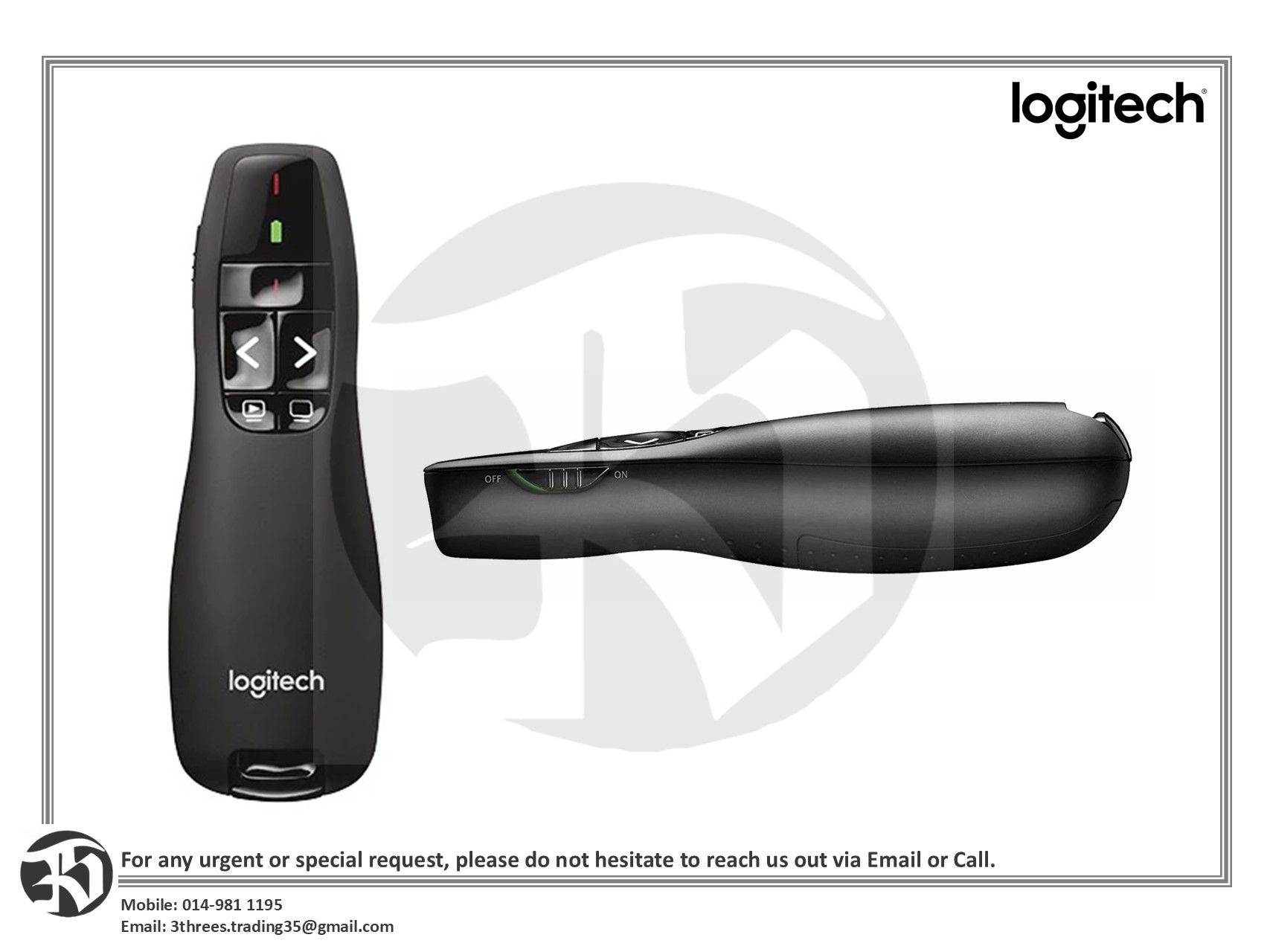 Logitech R400 Wireless Presenter Remote Control/Laser Pointer 2.4 GHz, with USB-Receiver