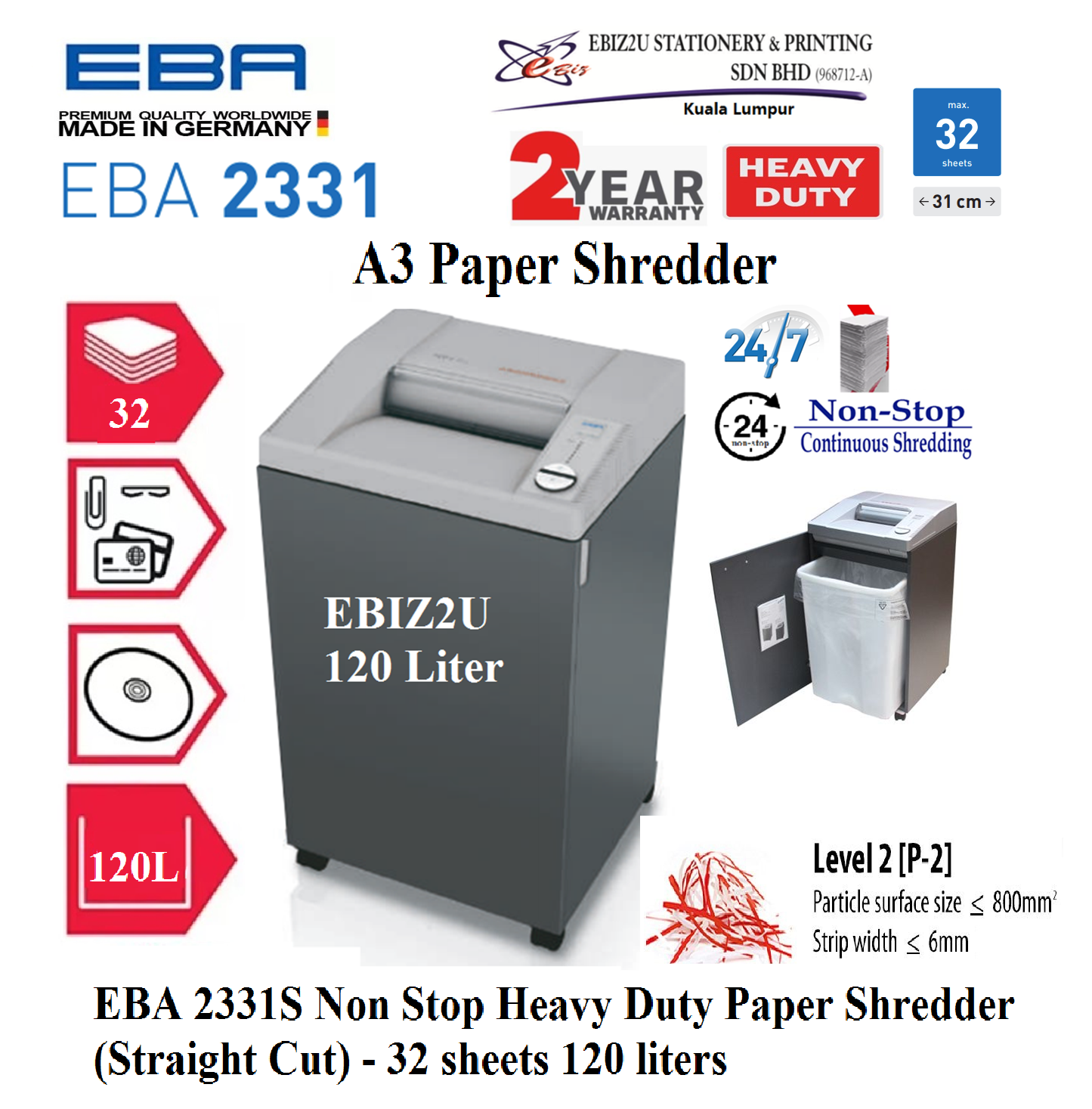 EBA 2331S Non Stop Heavy Duty Paper Shredder (Straight Cut) - 32 sheets 120 liters 2331 S (Straight Cut, Paper Shredder, Shredder Machine, Mesin Penghancur Kertas, Heavy Duty Shredder, Heavy Duty Paper Shredder)