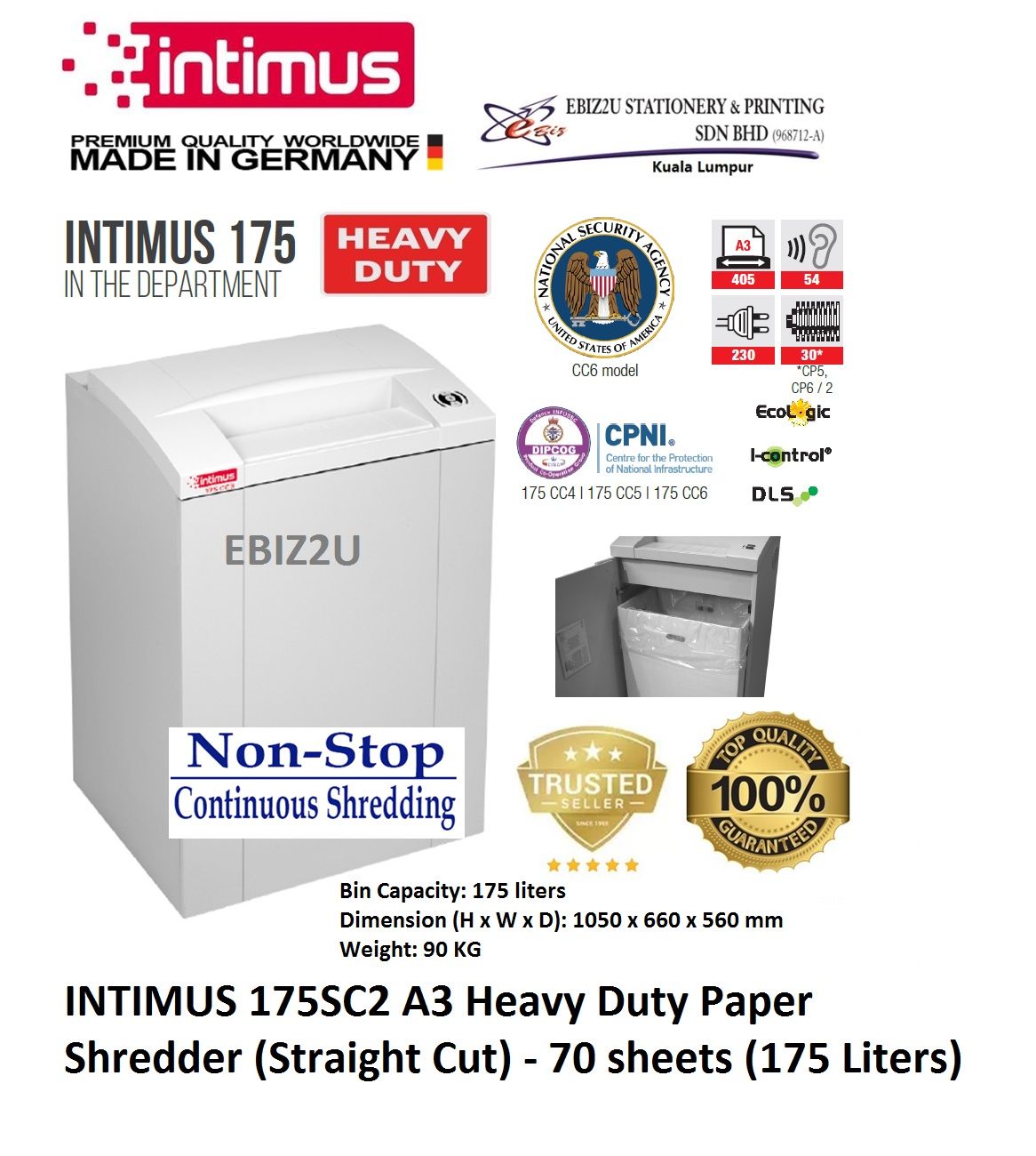 INTIMUS 175SC2 A3 Heavy Duty Paper Shredder (Straight Cut) - 70 sheets (175 Liters) (non stop, Strip Cut, Personal Shredder, Paper Shredder, Shredder Machine, Office Shredder, Home Shredder, Mesin Penghancur Kertas)