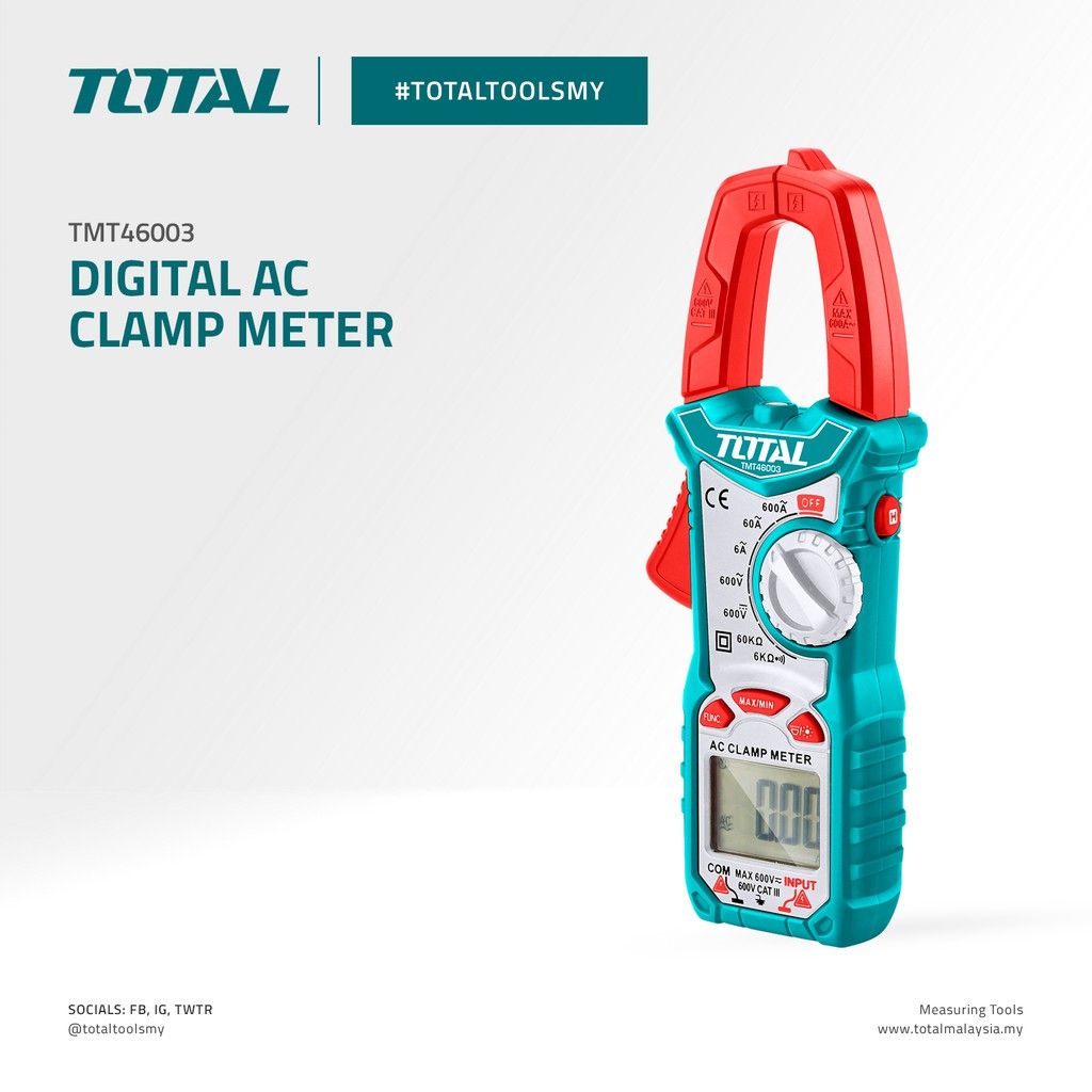 TOTAL DIGITAL AC CLAMP METER CAT III MEASURE & LCD DISPLAY (VOLTAGE 600V/AMPERE 600A/OHM 60K?) TMT46003