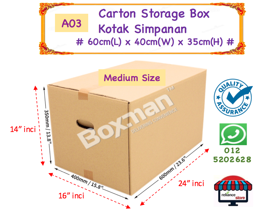Ready Made Carton Storage Box - Dimension : 60cm(L) x 40cm(W) x 35cm(H) / Empty Box / Kotak Simpanan / Kotak Kosong # Medium Size # Carton Box # Buatan Malaysia # Boxman A03 # RP0604 ( KTT : 1 Bundle @ 10 Kotak )