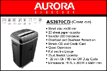 Aurora Shredder AS2070CD (20 Sheet) - 120 min - Cross Cut