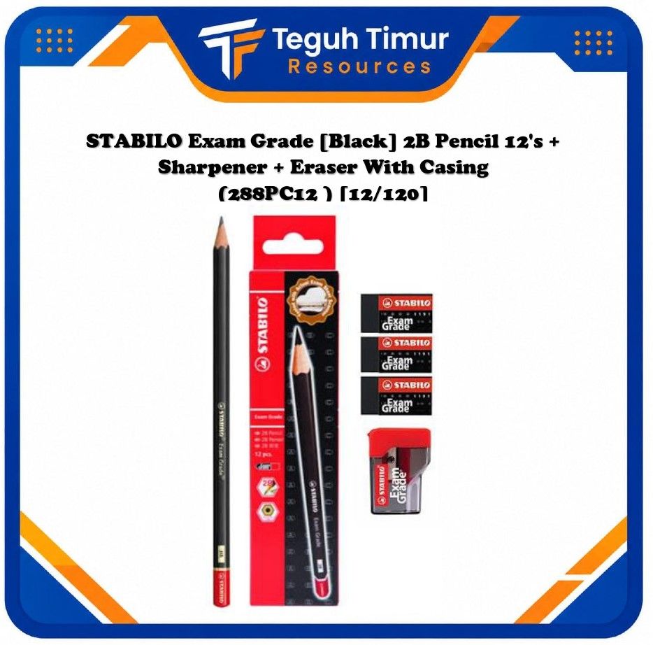 Exam Grade [Black] 2B Pencil 12's + Sharpener + Eraser With Casing (288PC12 ) [12/120]