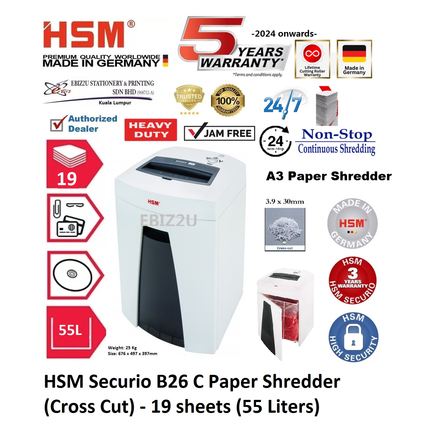 HSM Securio B26 C Paper Shredder (Cross Cut) - 19 sheets (55 Liters) ( B26C, Cross Cut, Paper Shredder, Shredder Machine, Office Shredder, Heavy Duty Shredder, Mesin Penghancur Kertas)