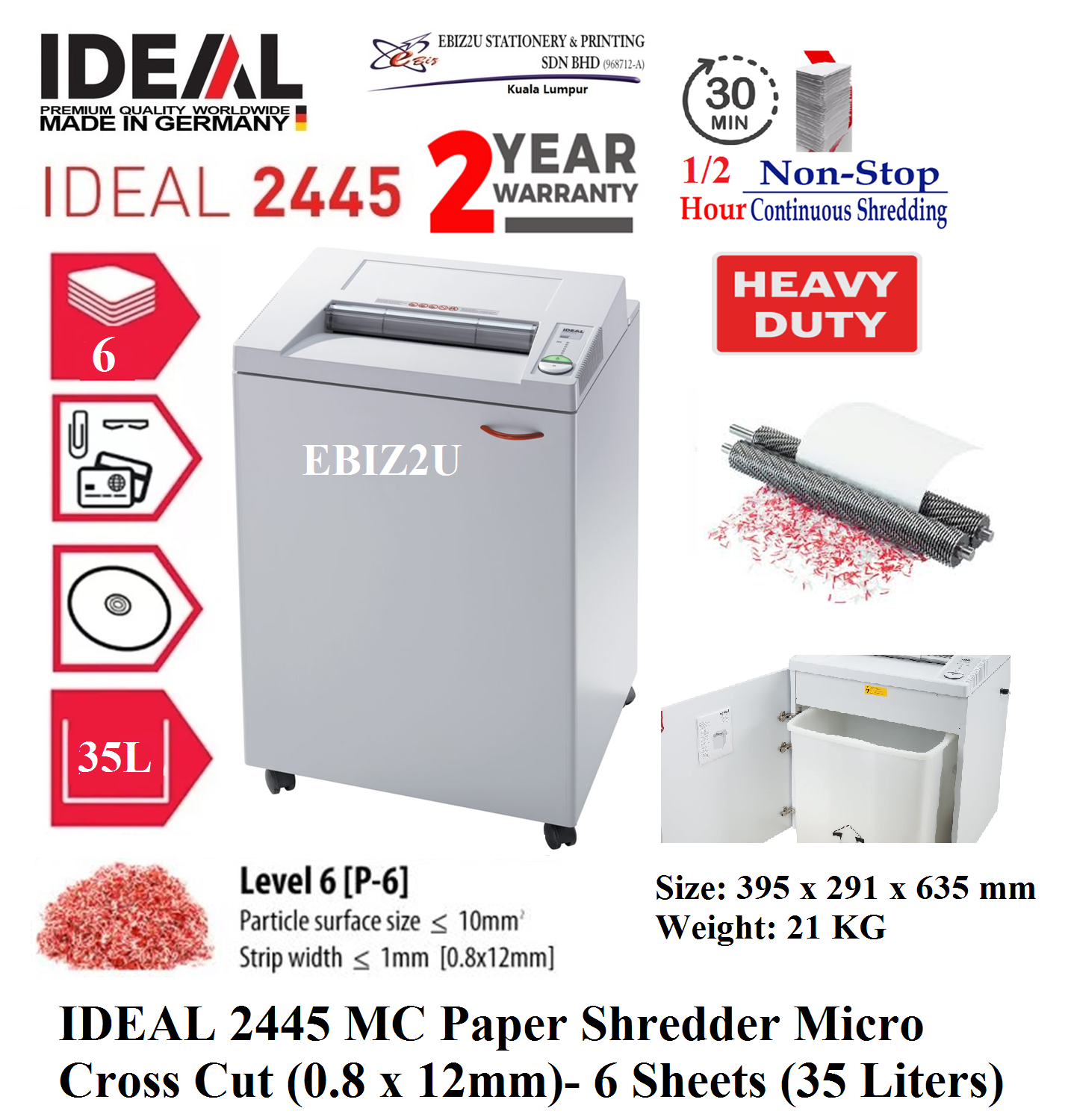 IDEAL 2445 MC Paper Shredder Micro Cross Cut (0.8 x 12mm)- 6 Sheets (35 Liters) (60 mins non stop, Micro Cut, Paper Shredder, Shredder Machine, Office Shredder, Heavy Duty Shredder, Mesin Penghancur Kertas)