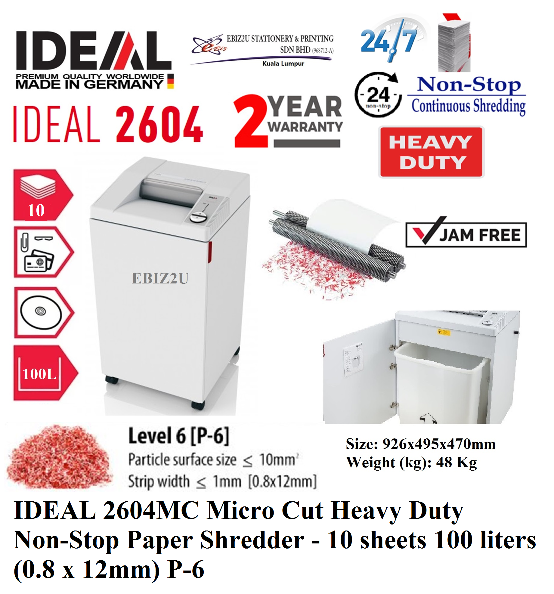 IDEAL 2604 MC Micro Cut Heavy Duty Non-Stop Paper Shredder - 10 sheets 100 liters (0.8 x 12mm) P-6 ( 2604MC, Paper Shredder, Shredder Machine, Office Shredder, Mesin Penghancur Kertas, Heavy Duty Shredder, Heavy Duty Paper Shredder)