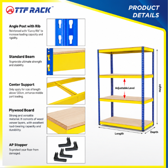 Boltless Rack Plywood H183 x D41 x L152cm (Yellow & Blue)