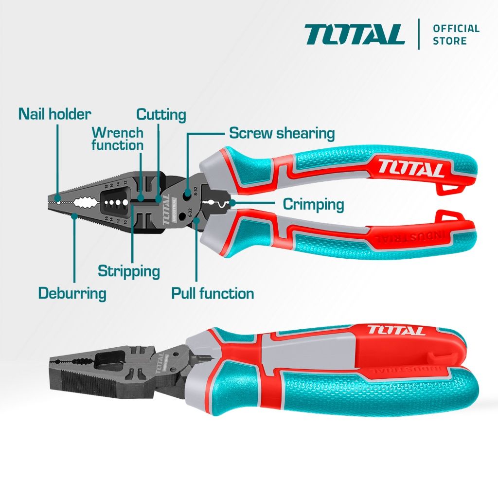 TOTAL 8-IN-1 MULTI-FUNCTION COMBINATION PLIERS (8") CRIMPING NAIL HOLDER SCREW SHEARING STRIP & CUT WIRE THTMF186