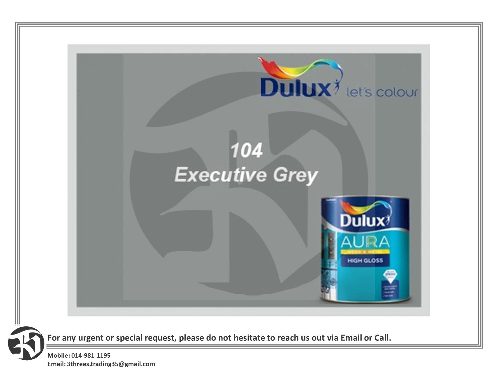 Dulux Aura High Gloss Finish - 104 Executive Grey (New Packaging - Dulux Stellar)
