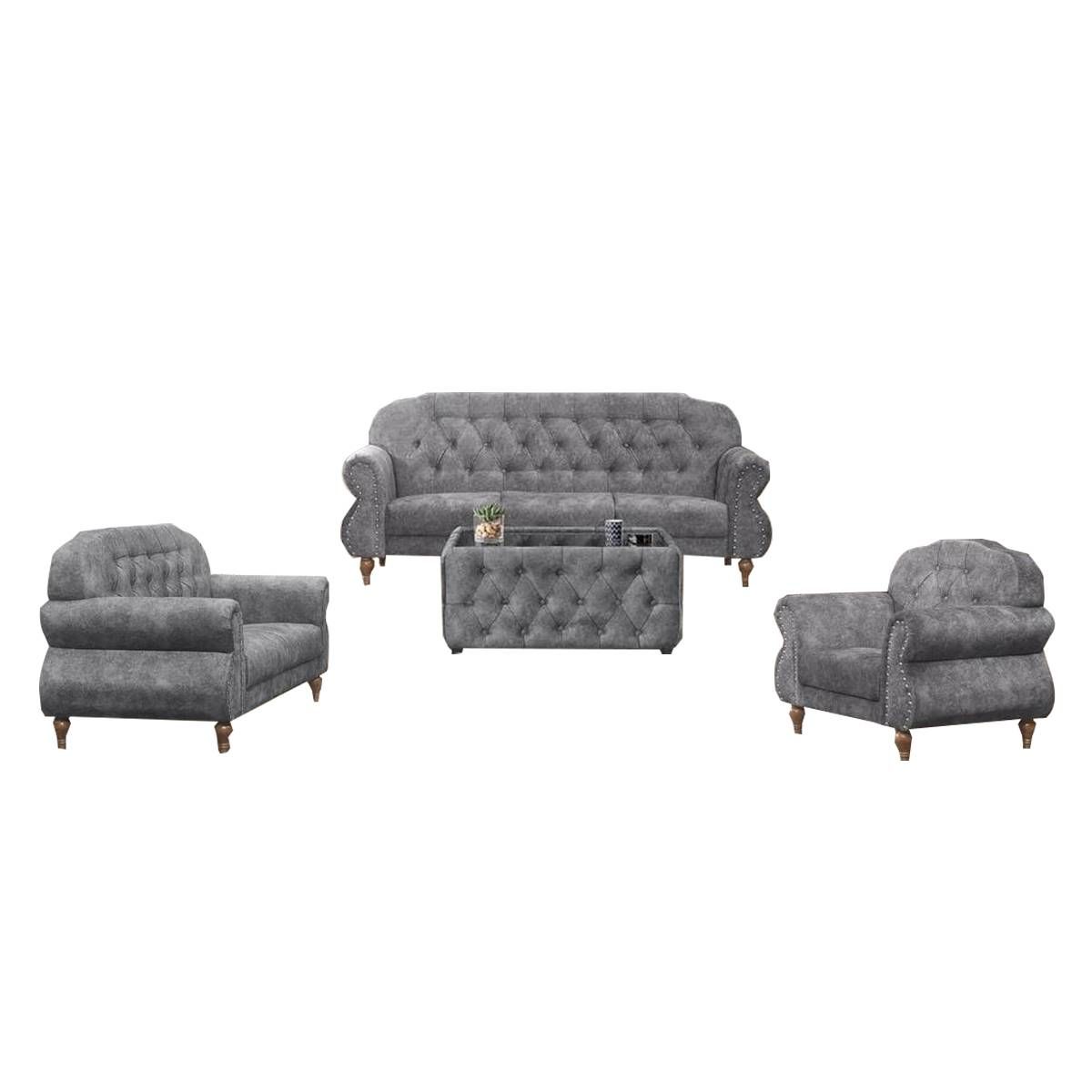 QP Set Sofa Chesterfield Velvet 1+2+3 Seater L/Grey