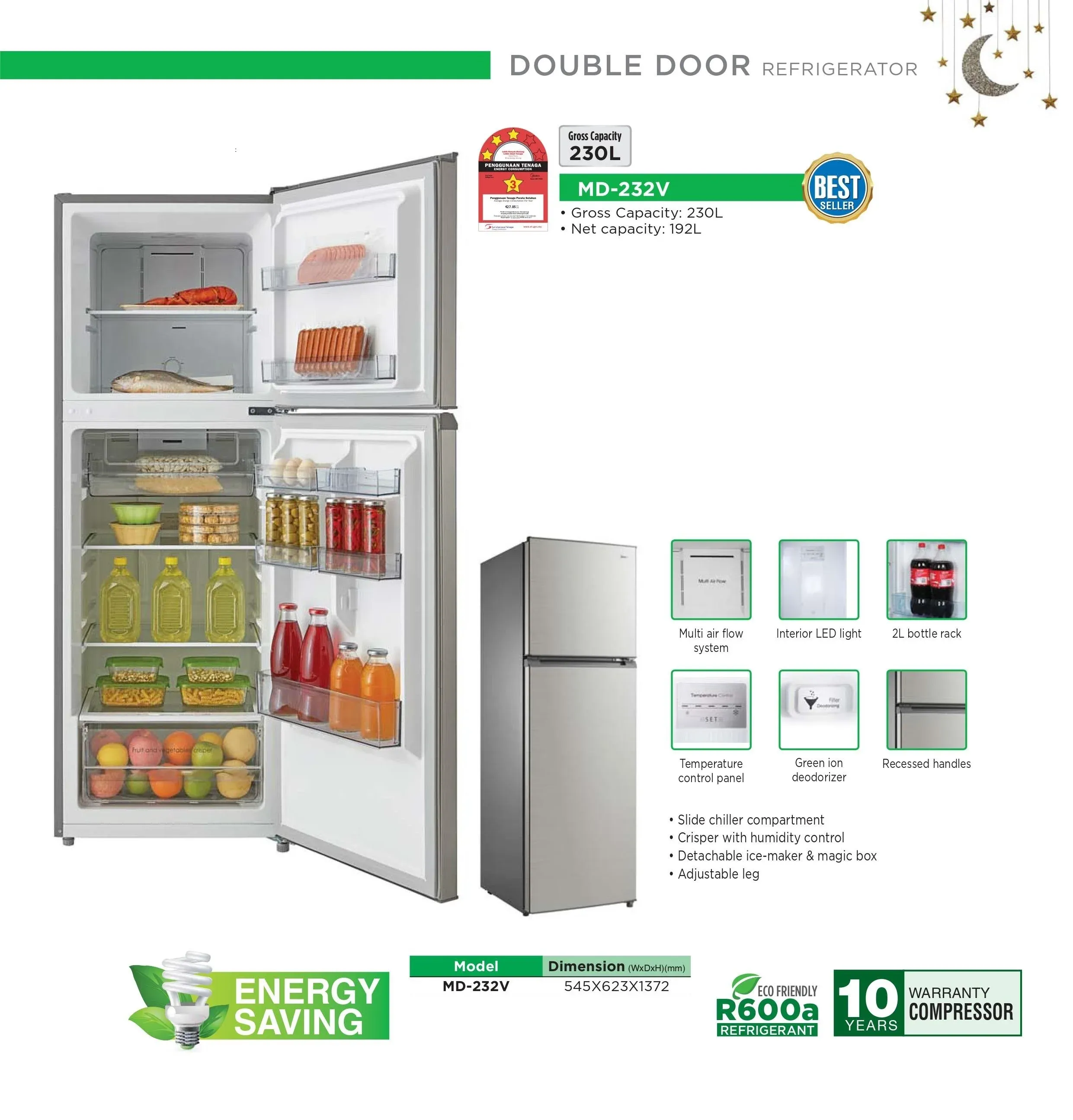 Midea (230L) 2 Door Refrigerator MD-232V
